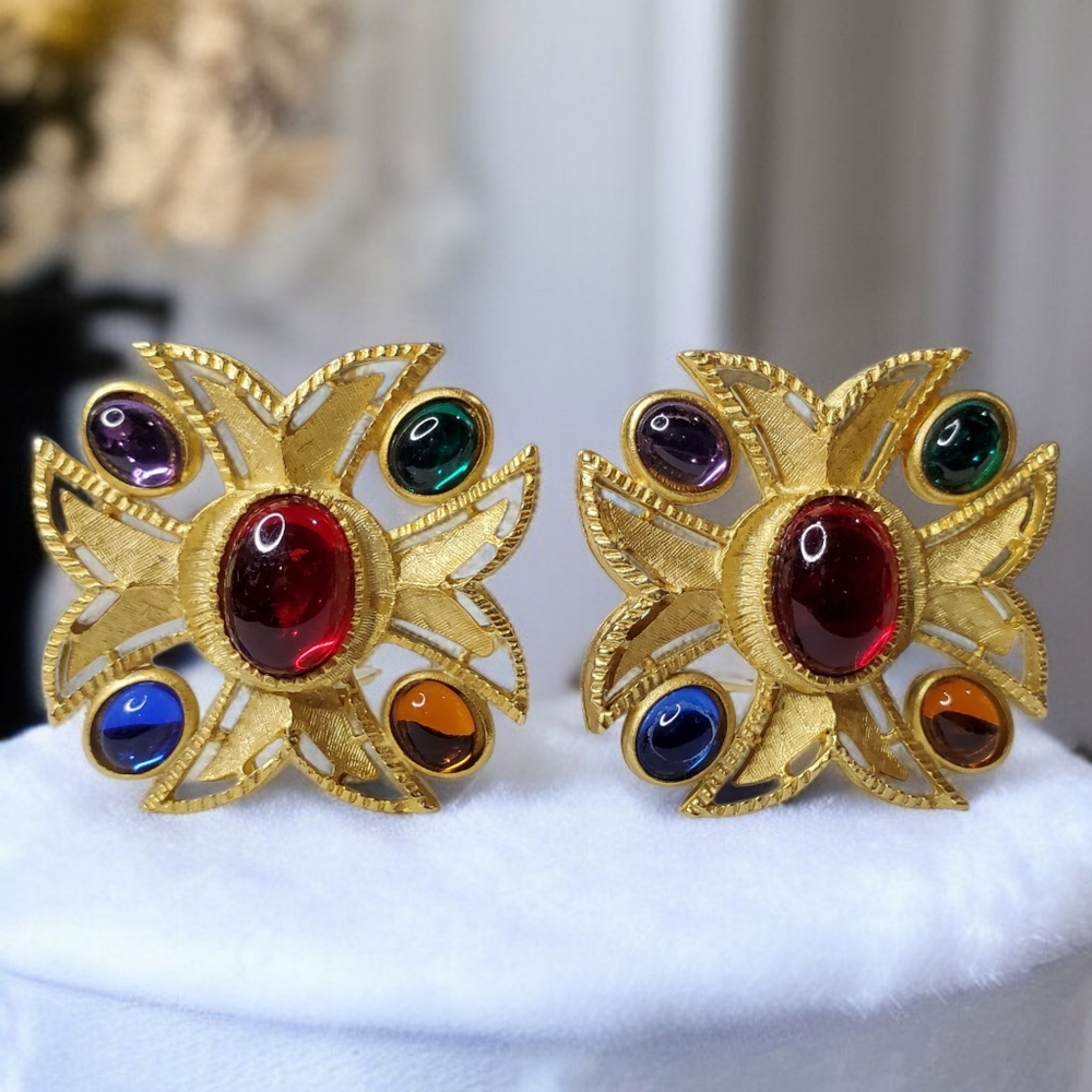 Vintage 1980's Mogul Maltese Cross Glass Cabochon Clip-on Earrings